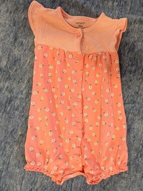Carter's Coral Pink Daisy-Print Flutter Sleeve Romper